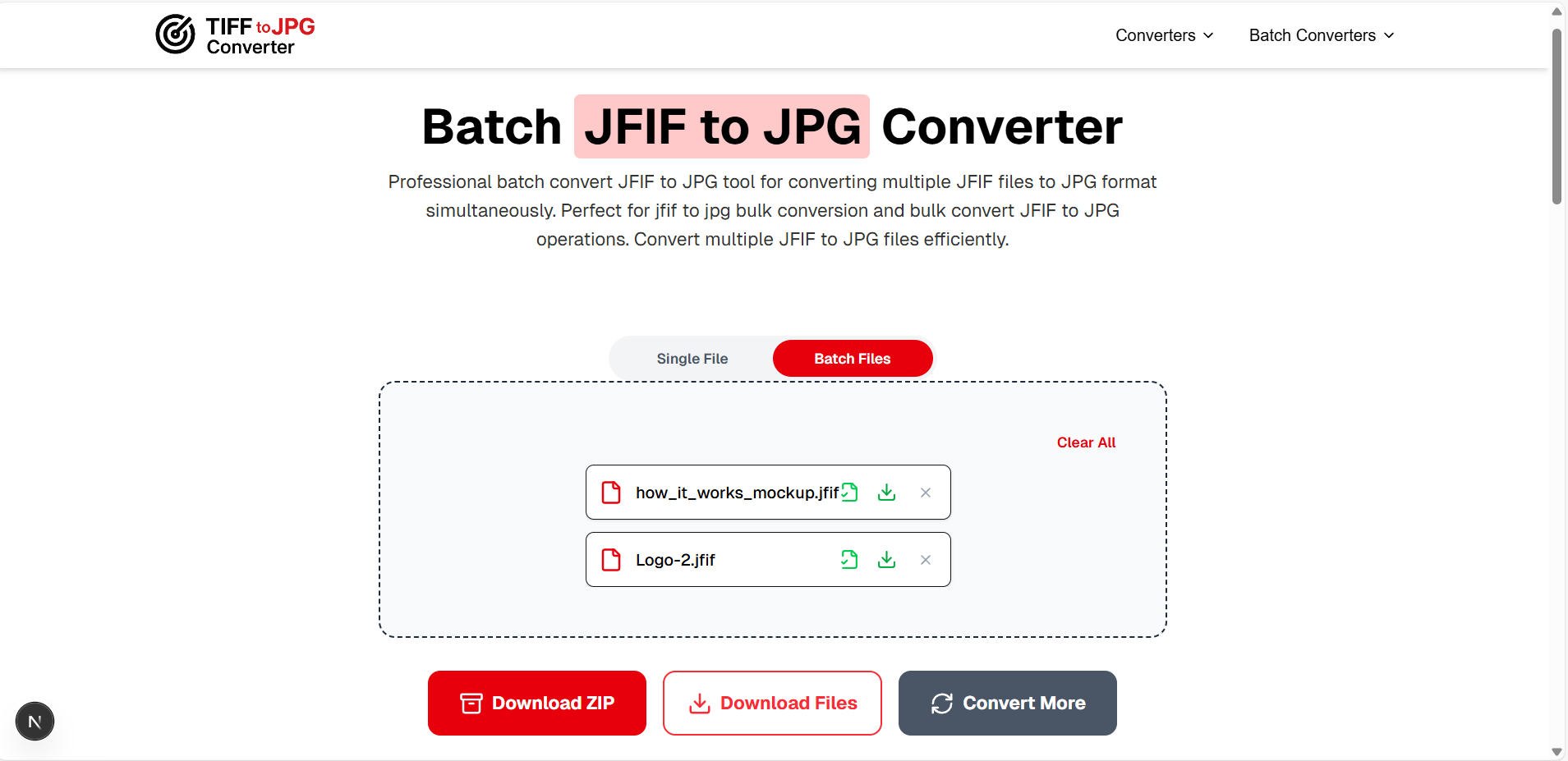 Download all converted JPG images from multiple JFIF files instantly. Choose from two options: Download Zip (all JPG images in one compressed folder) or Download Files (each JPG image available separately without zip).