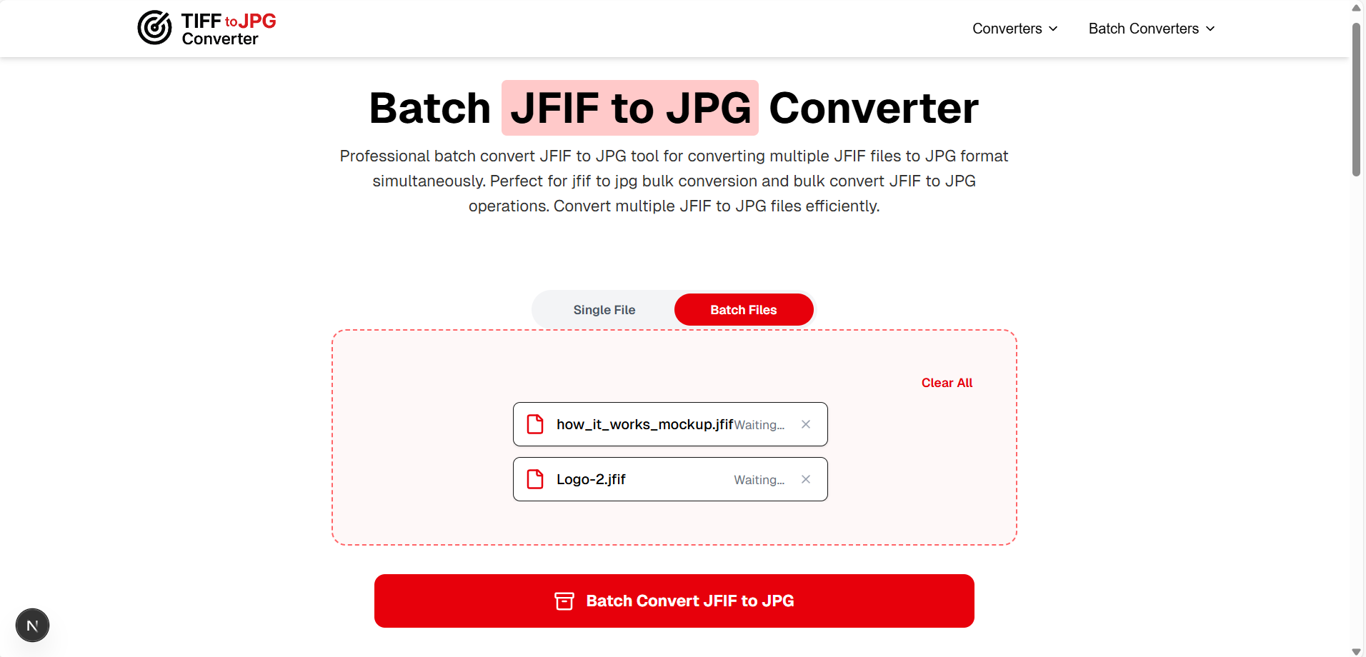 Click convert button to start batch JFIF to JPG conversion process
