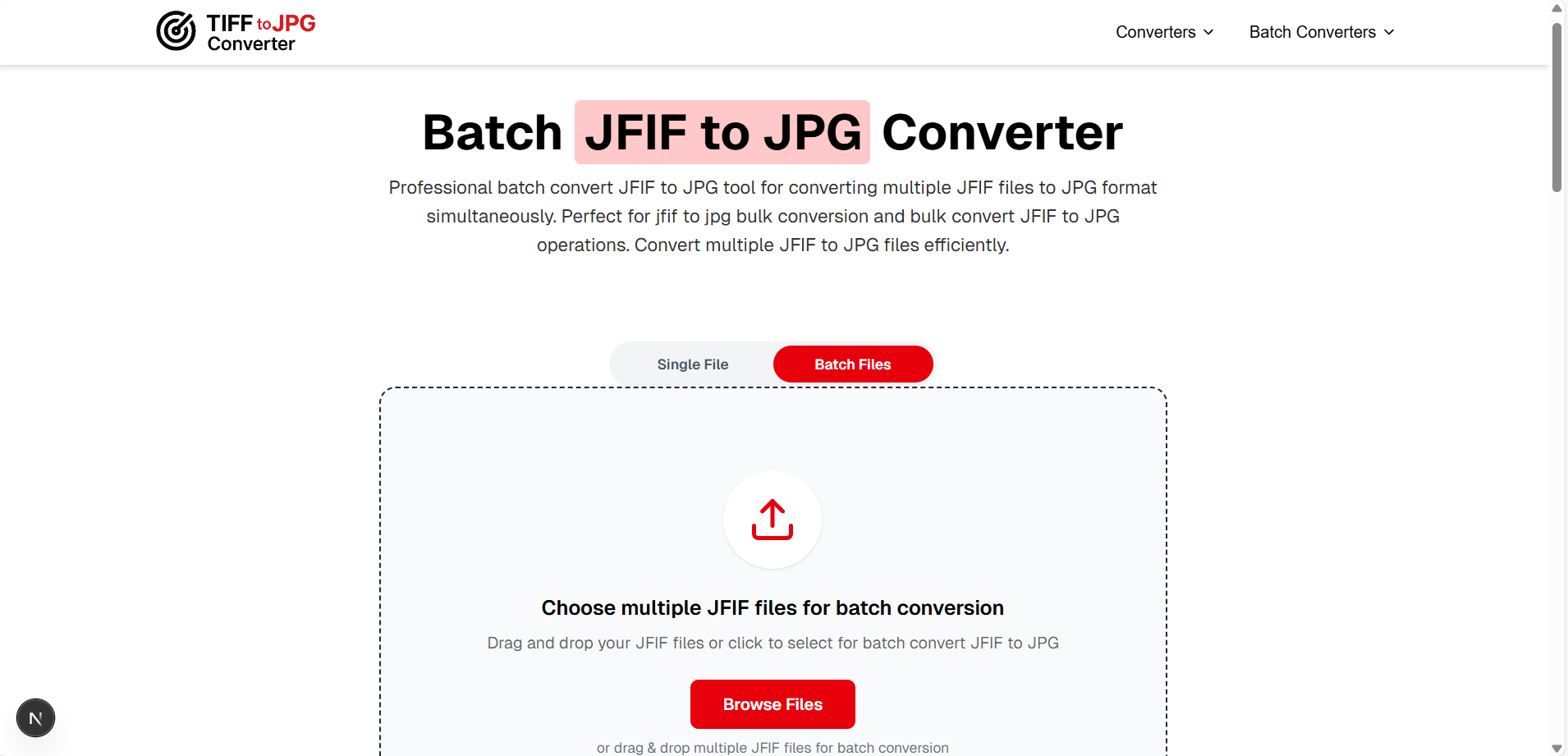 Upload multiple JFIF files online for batch conversion to JPG format