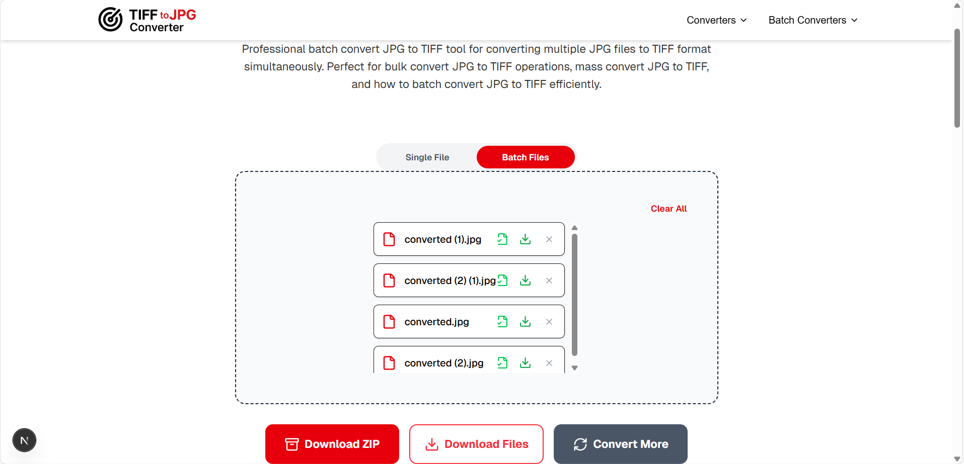 Download all converted TIFF images from multiple JPG files instantly. Choose from two options: Download Zip (all TIFF images in one compressed folder) or Download Files (each TIFF image available separately without zip).