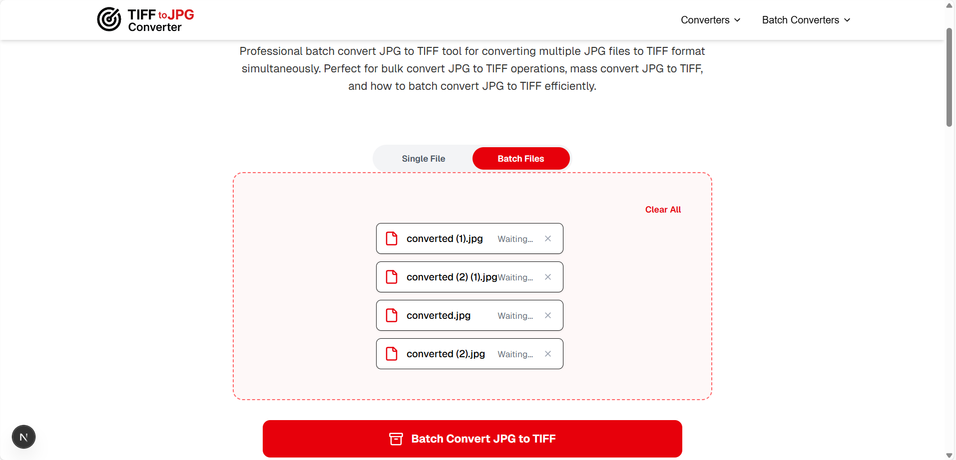 Click convert button to start batch JPG to TIFF conversion process