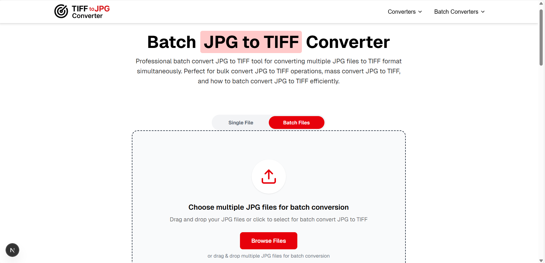 Upload multiple JPG files online for batch conversion to TIFF format