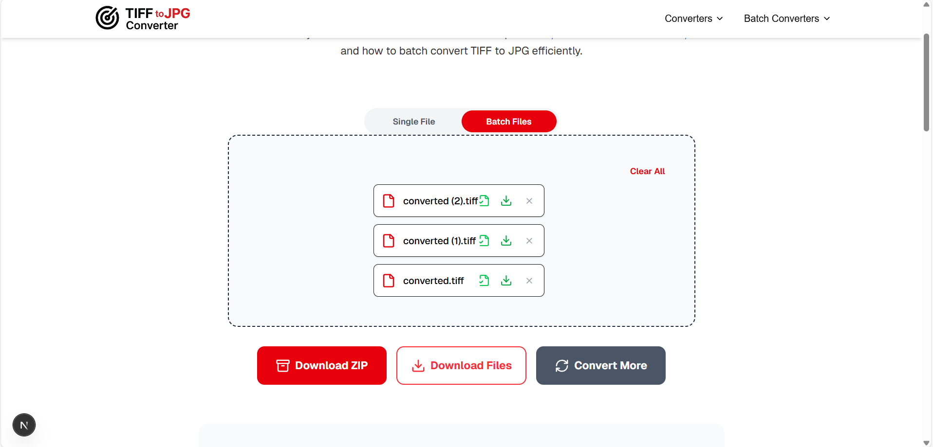 Click convert button to start batch TIFF to JPG conversion process