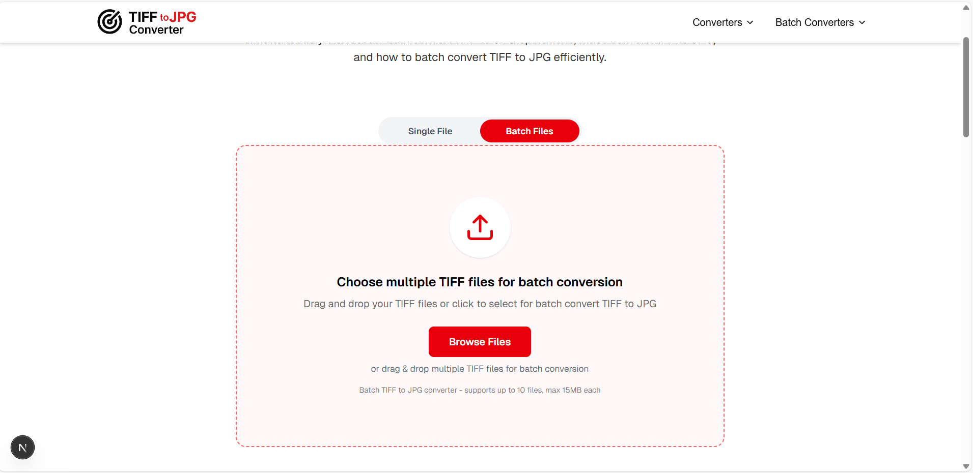 Upload multiple TIFF files online for batch conversion to JPG format